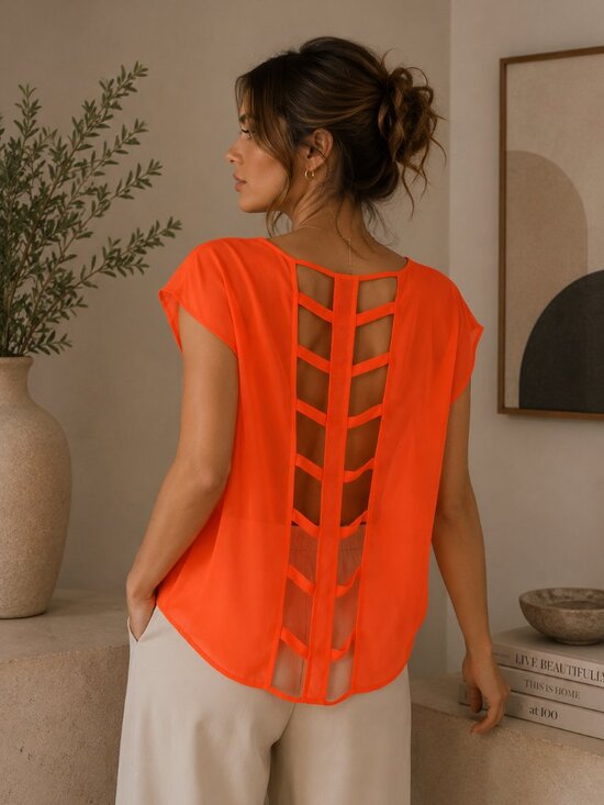Lush Tops - Lush Neon Orange Sheer Short Sleeve Blouse | Size S
